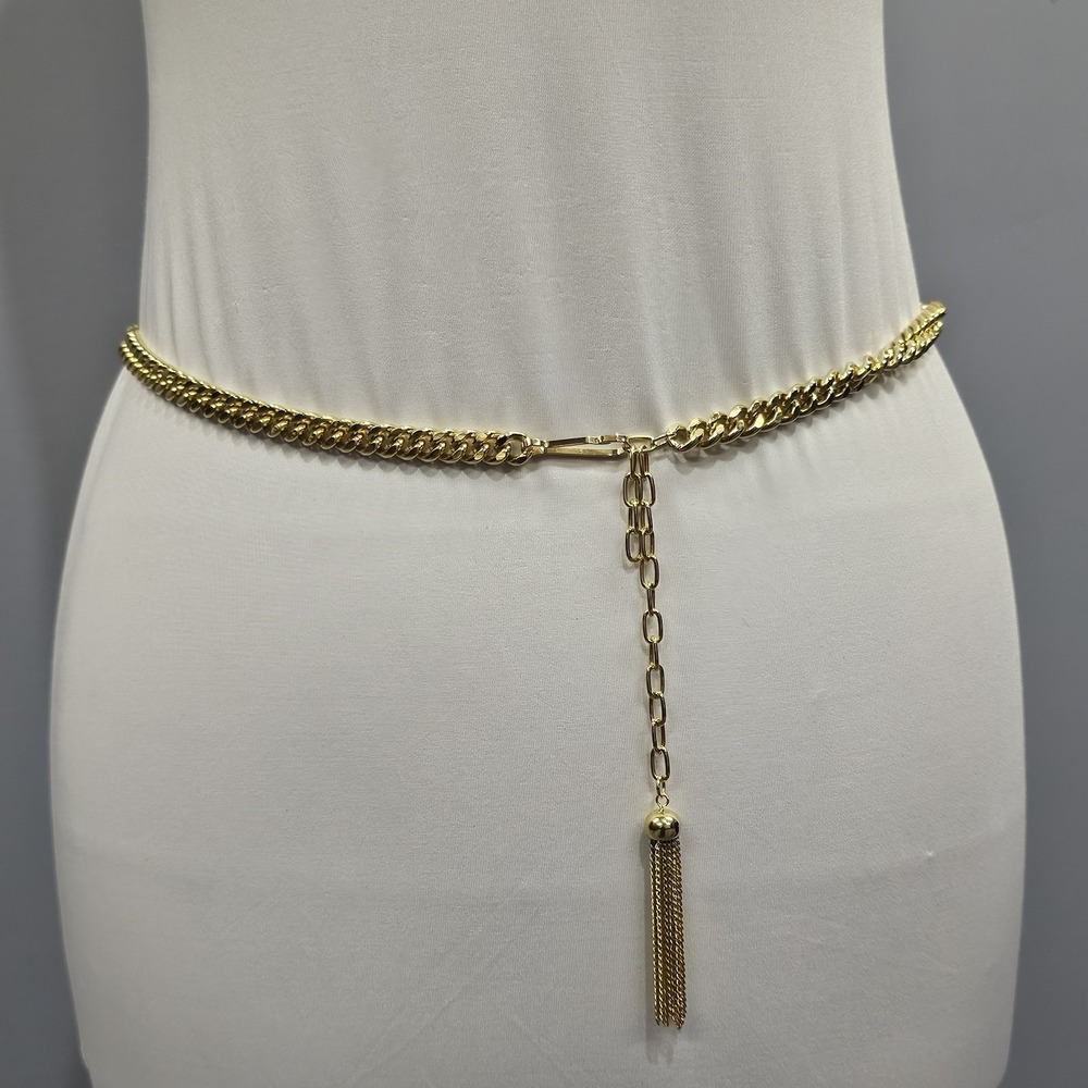 Vintage Gold Tone Glossy Textured Metal Circle Link Adjustable Chain Belt
